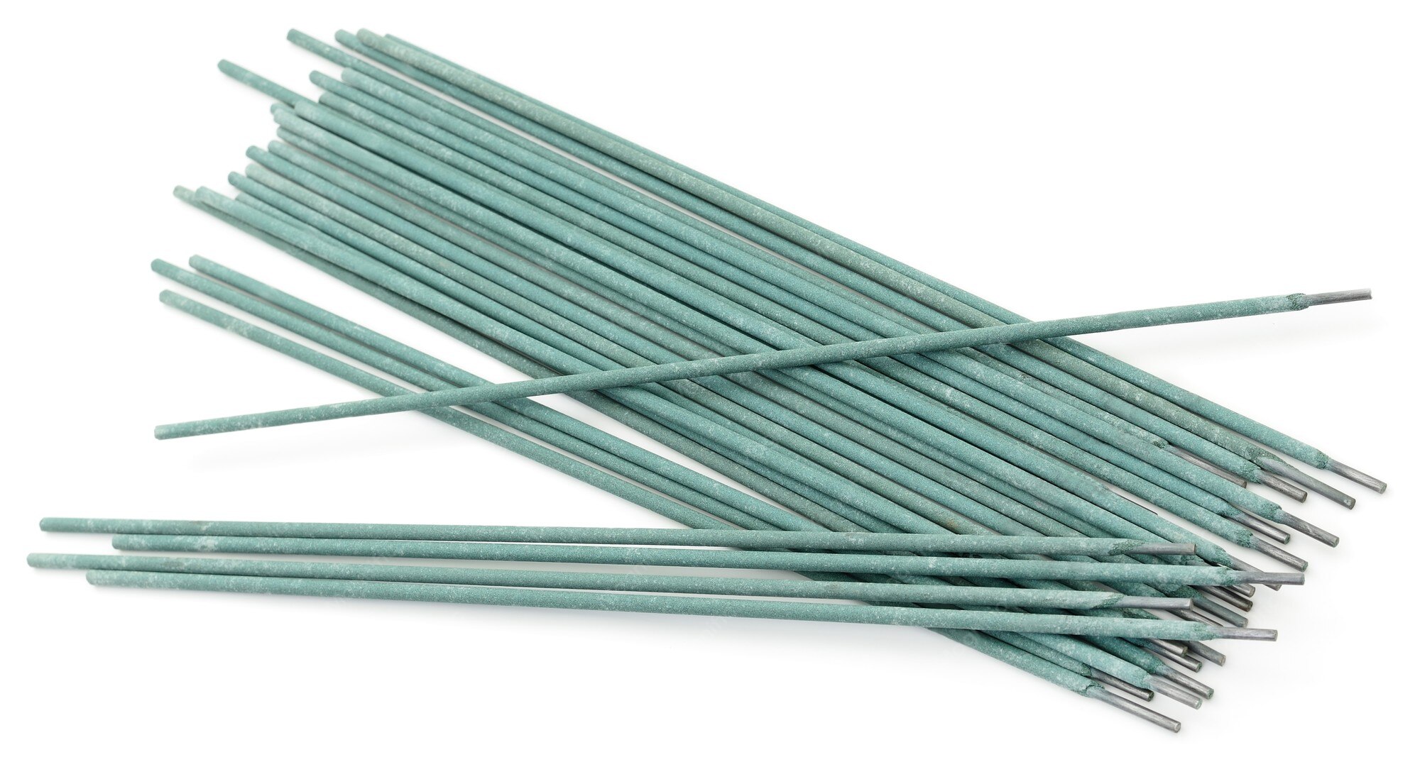 Bundle of stainless steel welding rods with industrial packaging in a high-performance workshop environment.